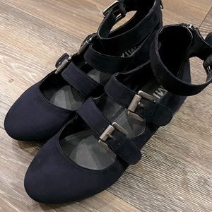 Navy blue suede mary jane shoes with buckles and ankle strap, by Mia, sz 6.5